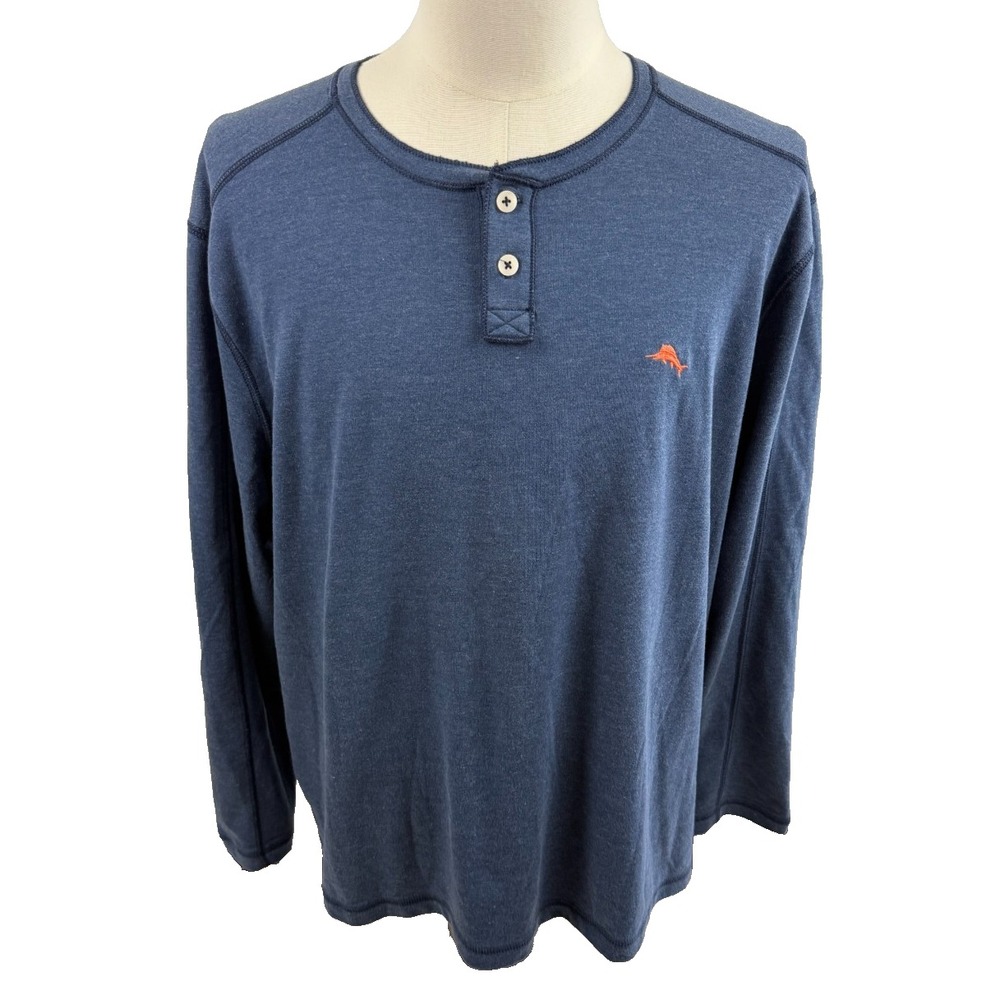 Tommy Bahama Mens Blue Heathered Long Sleeve Henley Marlin Logo Shirt XXL